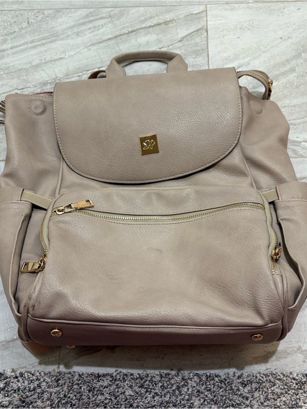 Sleepy Panda Taupe backpack diaper bag vegan leather